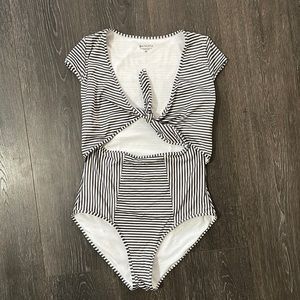Athleta Black and White Striped One Piece Swimsuit